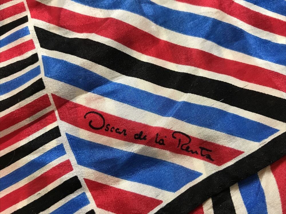 Vintage Oscar de la Renta Blue Red Black Striped Silk Fringe Scarf Wrap 52"